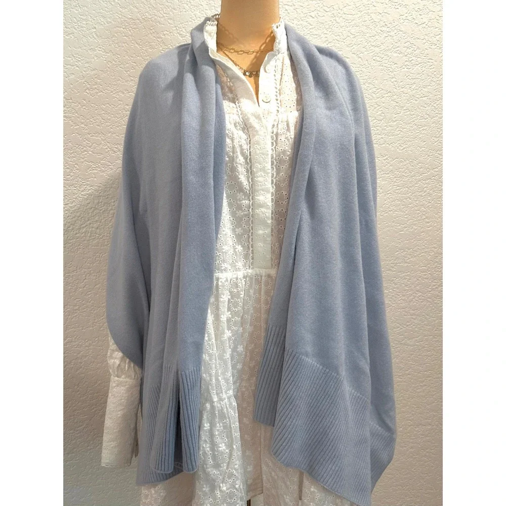 Halogen‎ 100% Cashmere Light Blue Ribbed Trim Wrap Scarf Shawl OS